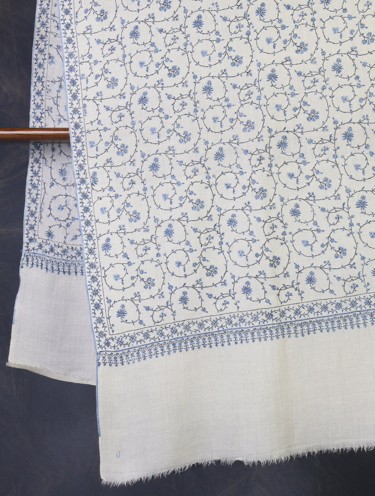 Ivory Base Blue Jali Embroidery Cashmere Pashmina Shawl