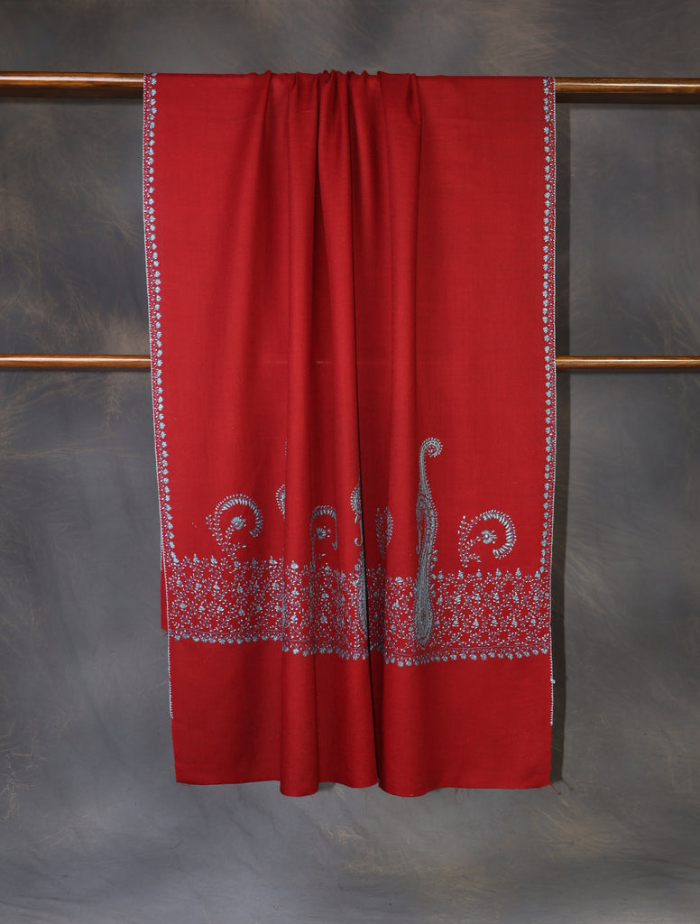 Maroon Base Blue Border Merino wool Embroidery Shawl