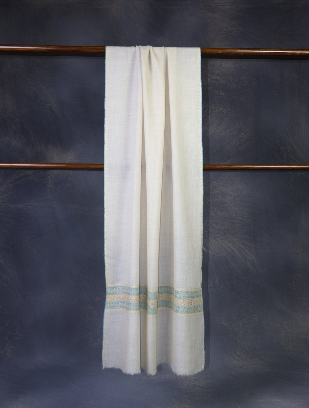 Ivory With Striped Motif Border Embroidery Cashmere Pashmina Scarf