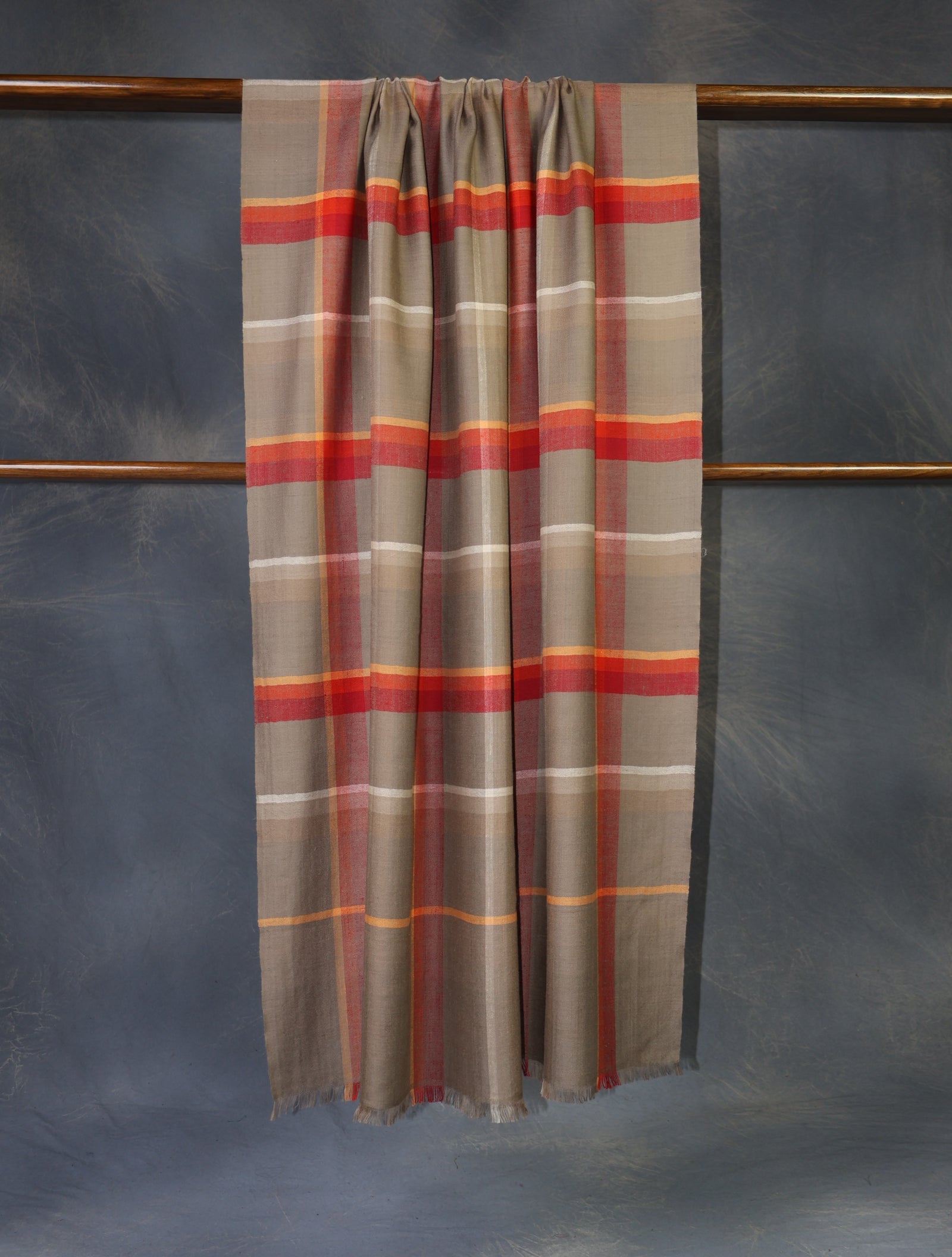 Natural and Red Checked Handwoven Cashmere Pashmina Shawl