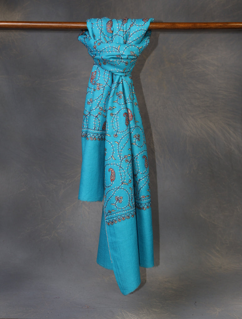 Blue Base Jali Sozni Embroidery Merino Wool Scarf