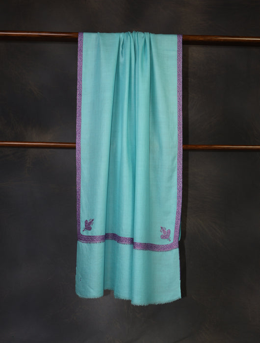 Blue Base with Purple Border Embroidery Cashmere Pashmina Shawl