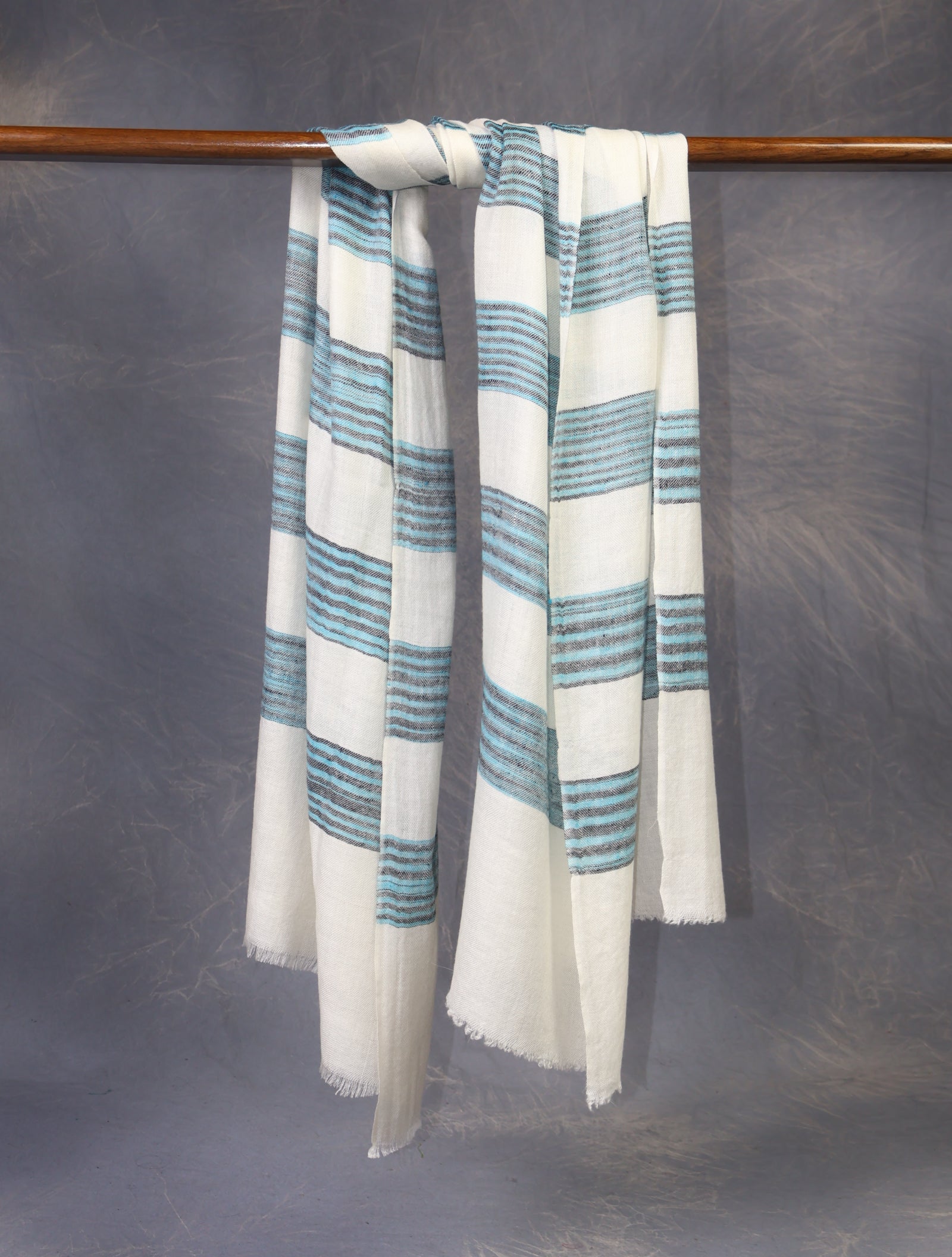 Ivory Base Blue Striped Handwoven Cashmere Pashmina Scarf