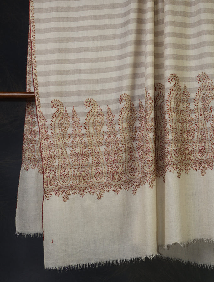 Ivory and Natural Stripe Border Embroidery Cashmere Pashmina Shawl