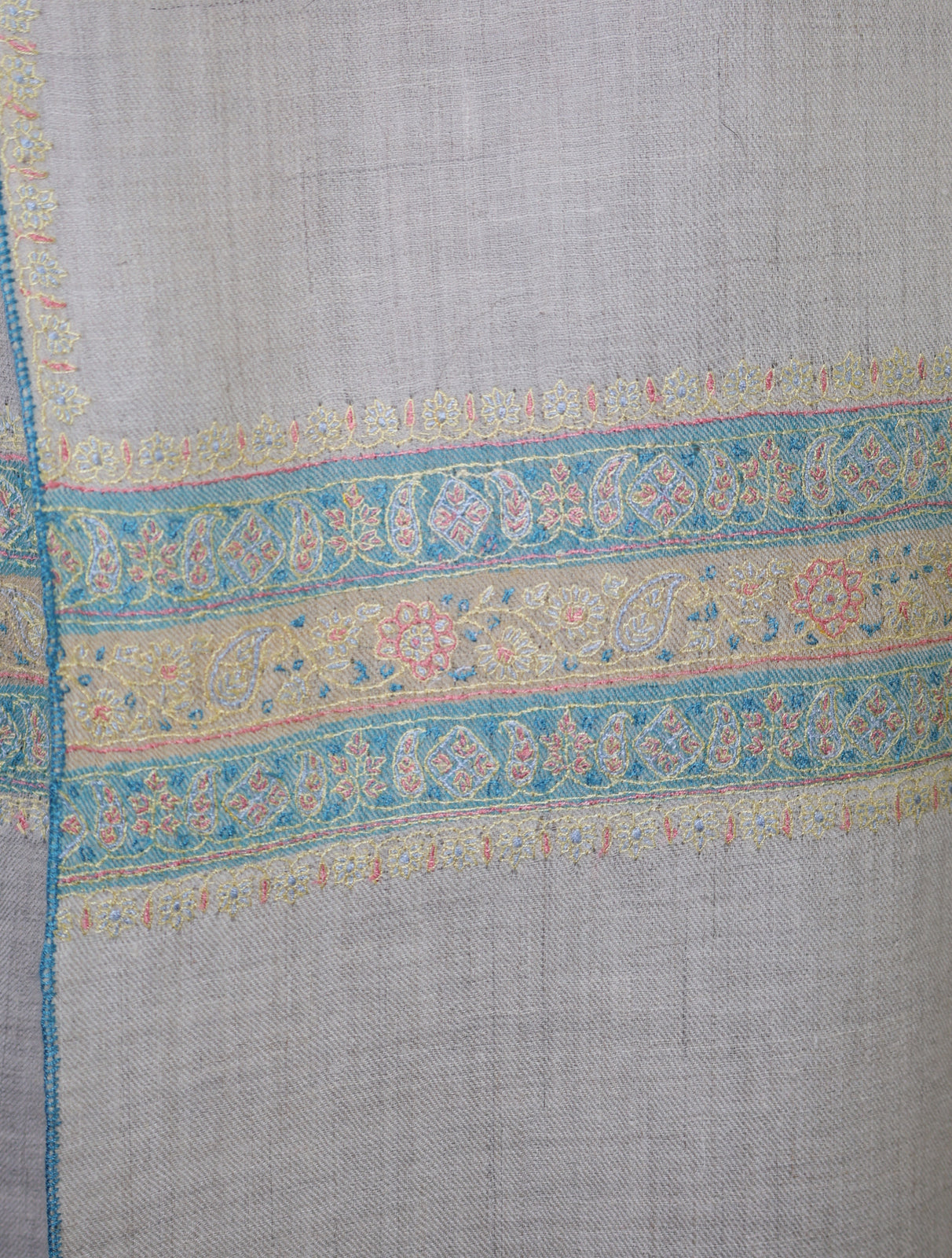 Ivory With Striped Motif Border Embroidery Cashmere Pashmina Scarf