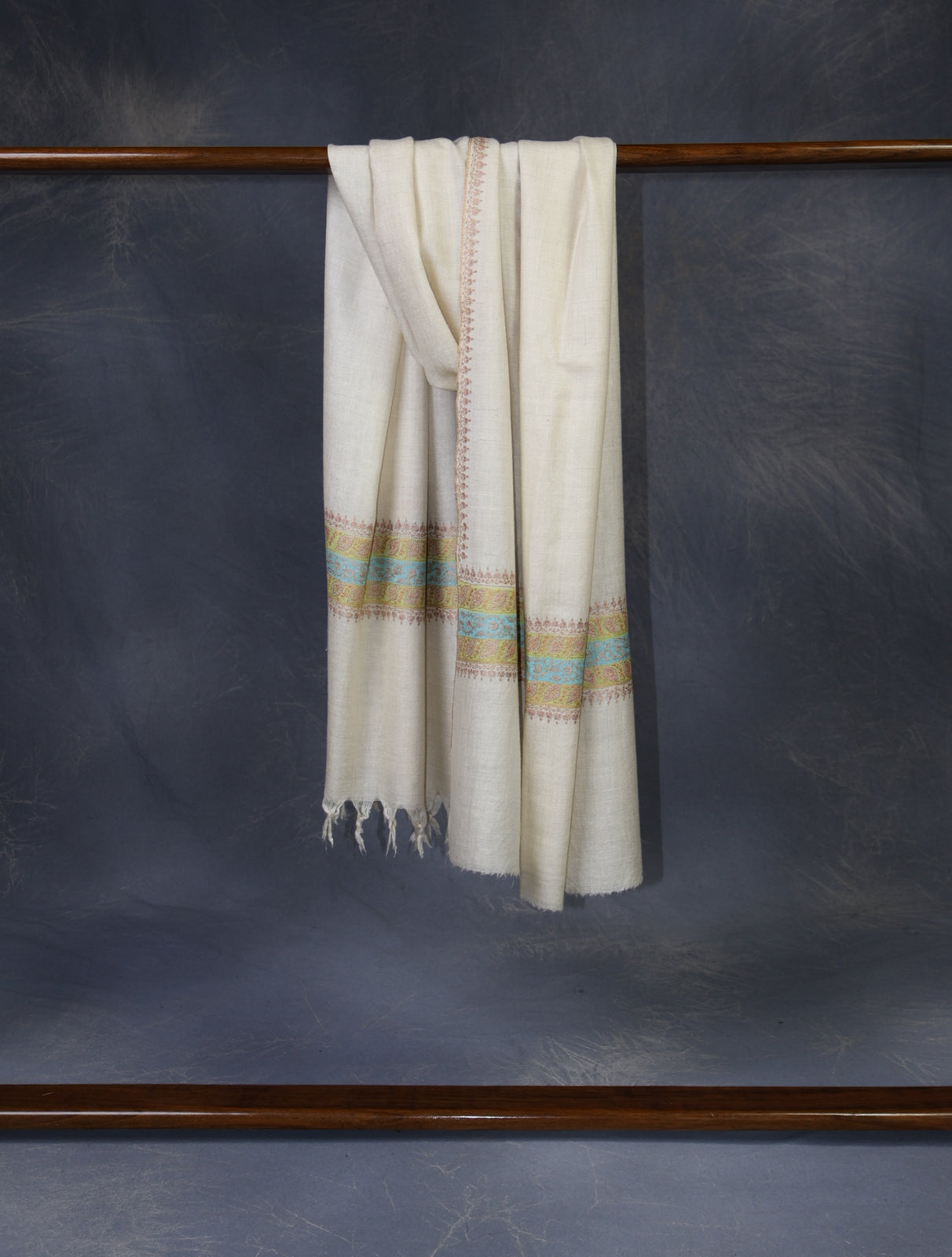 Ivory With Striped Motif Border Embroidery Cashmere Pashmina Scarf