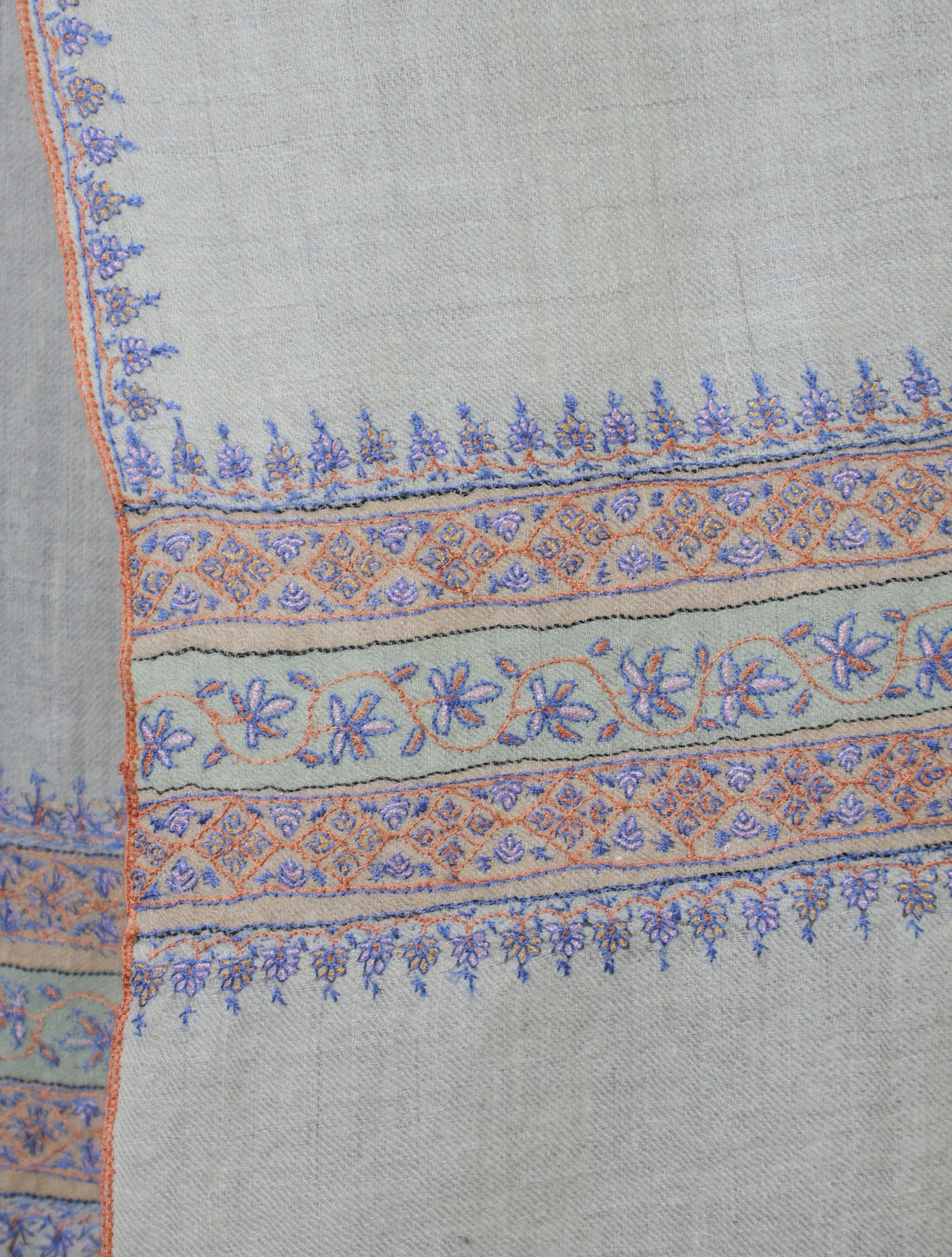 Ivory With Striped Motif Border Embroidery Cashmere Pashmina Scarf
