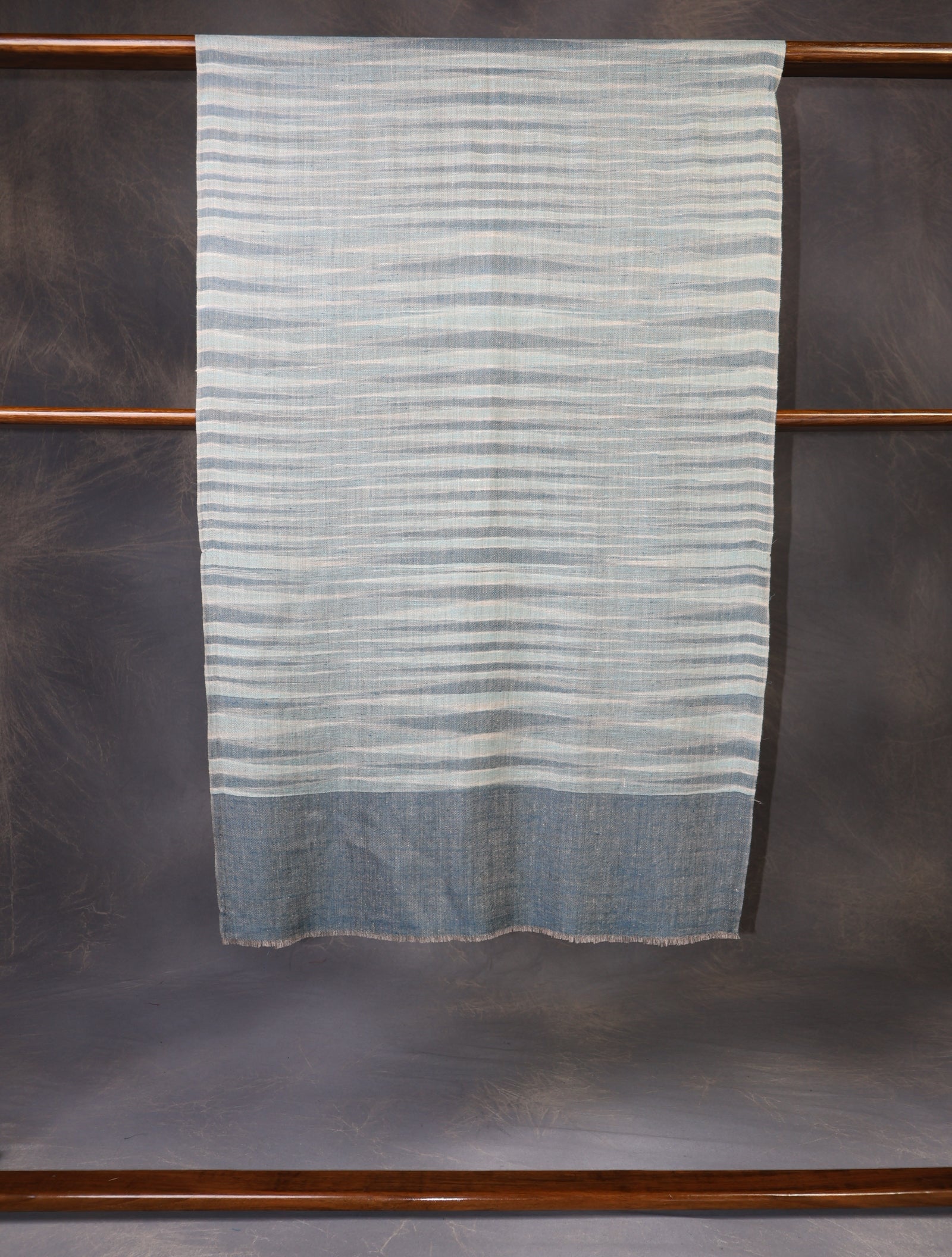 Ivory Base Sea Blue Striped Handwoven Cashmere Pashmina Scarf