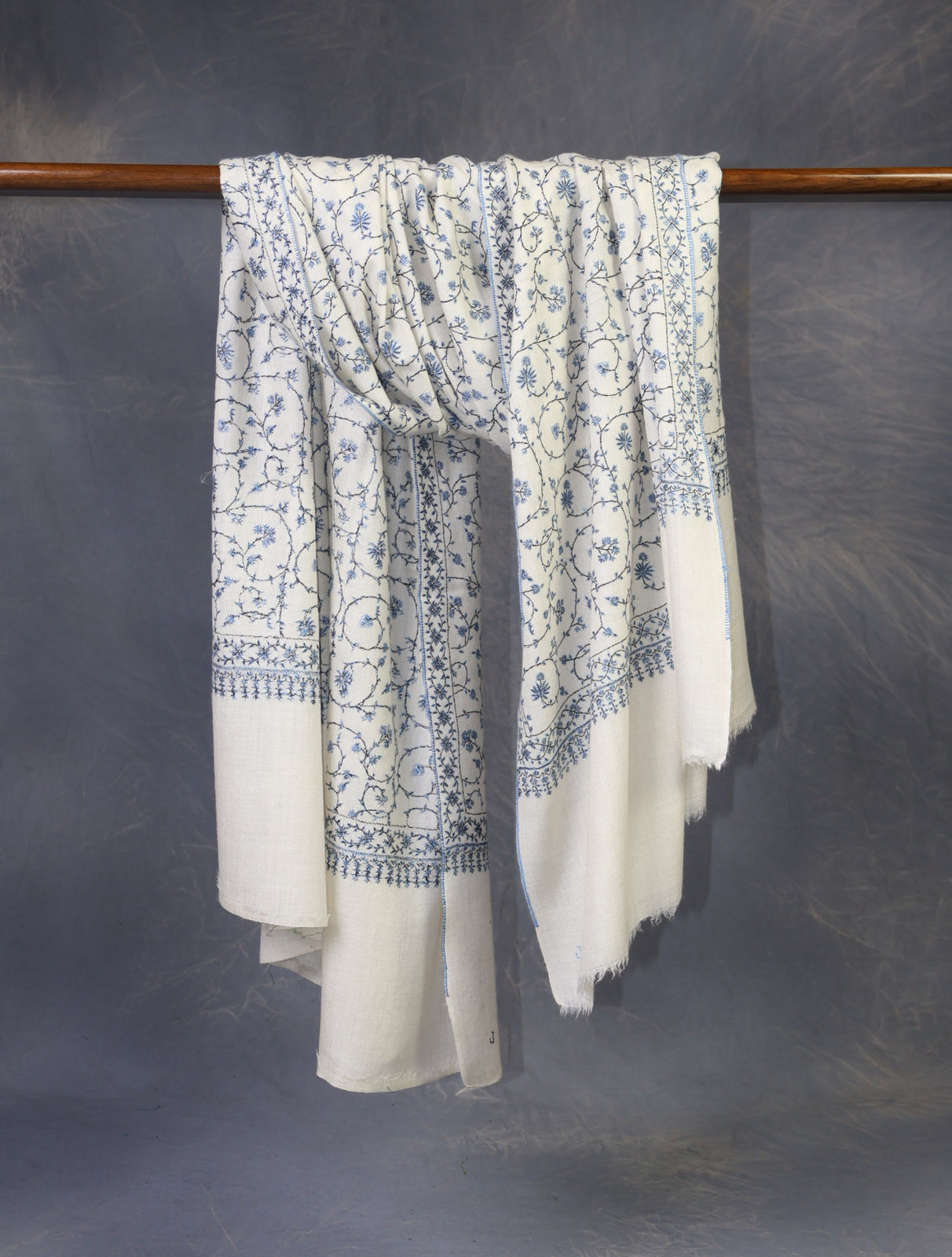 Ivory Base Blue Jali Embroidery Cashmere Pashmina Shawl