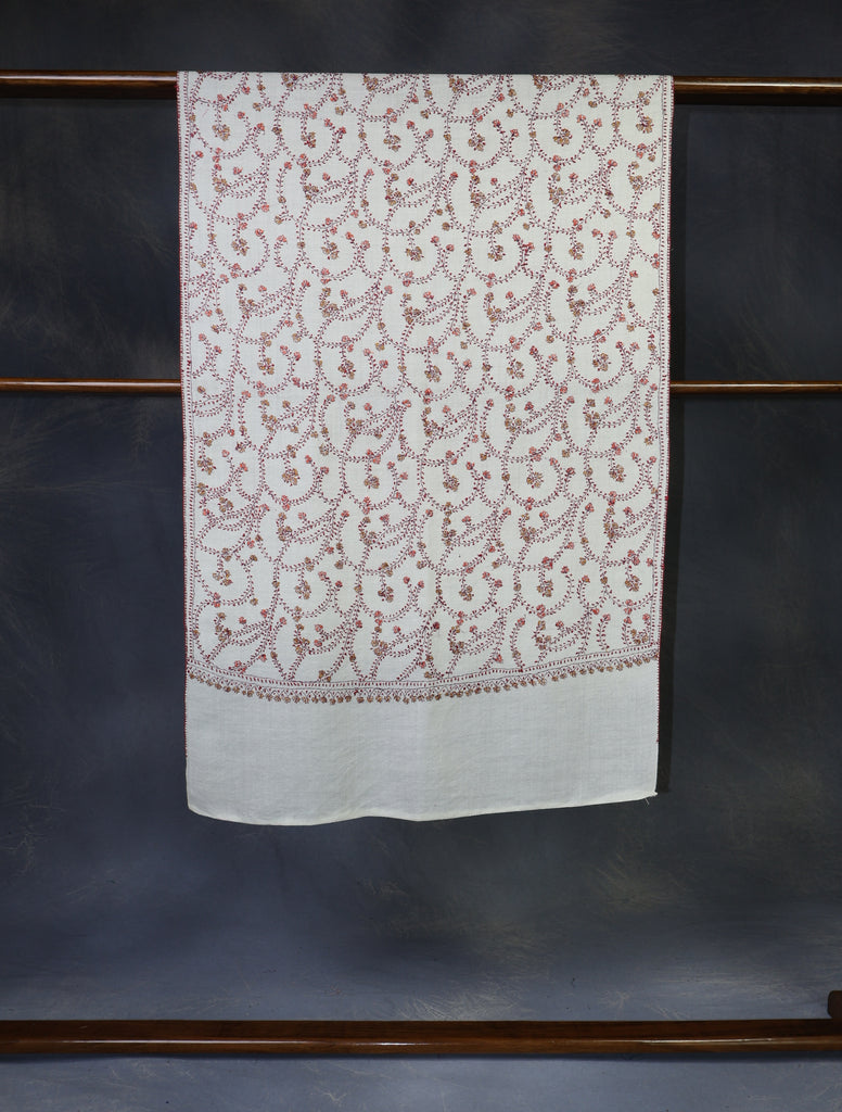 Ivory Base Jali Sozni Embroidery Merino Wool Scarf