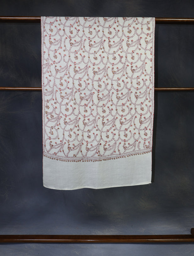 Ivory Base Jali Sozni Embroidery Merino Wool Scarf