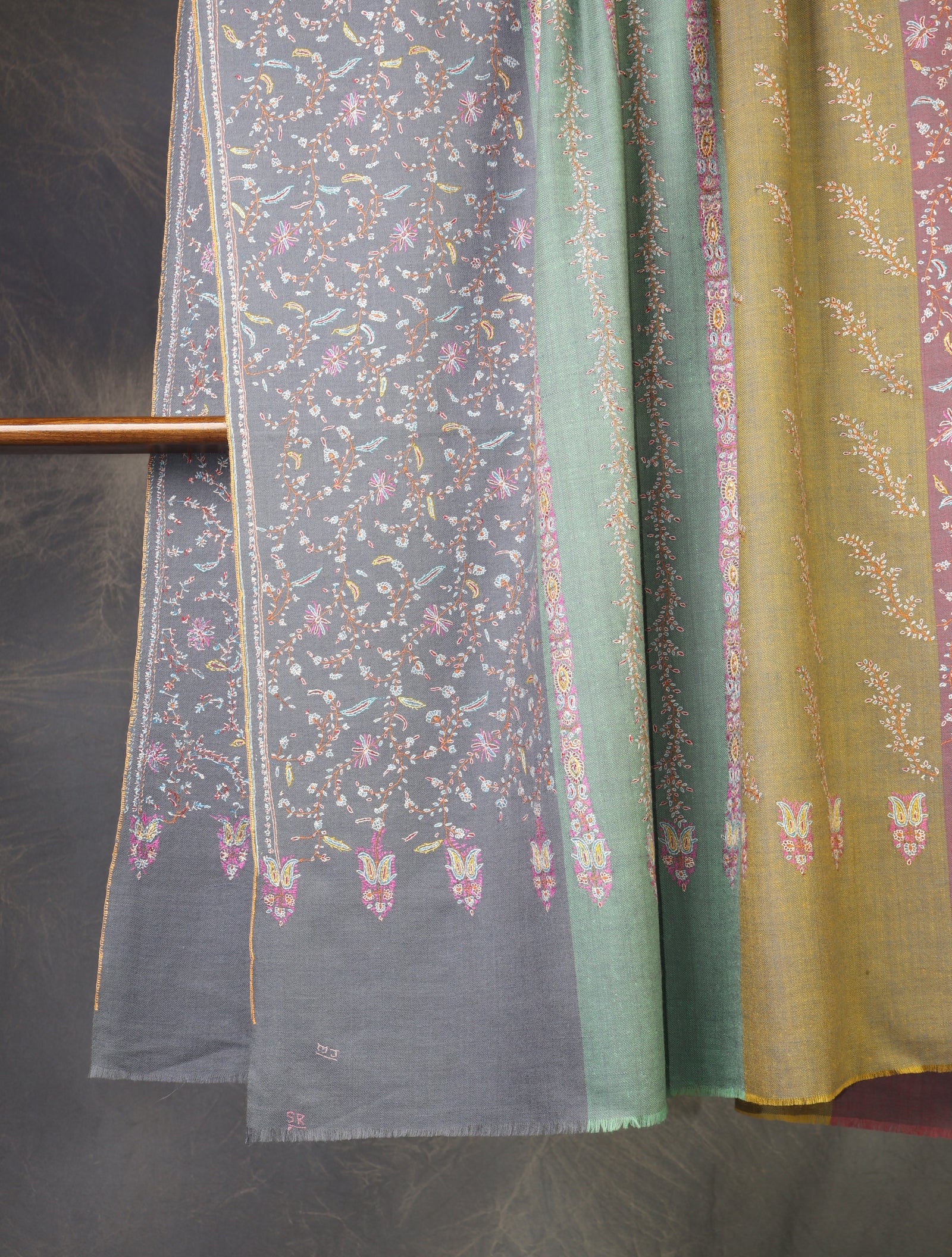 Multi color Base Striped Jali Embroidery Handwoven Cashmere Shawl