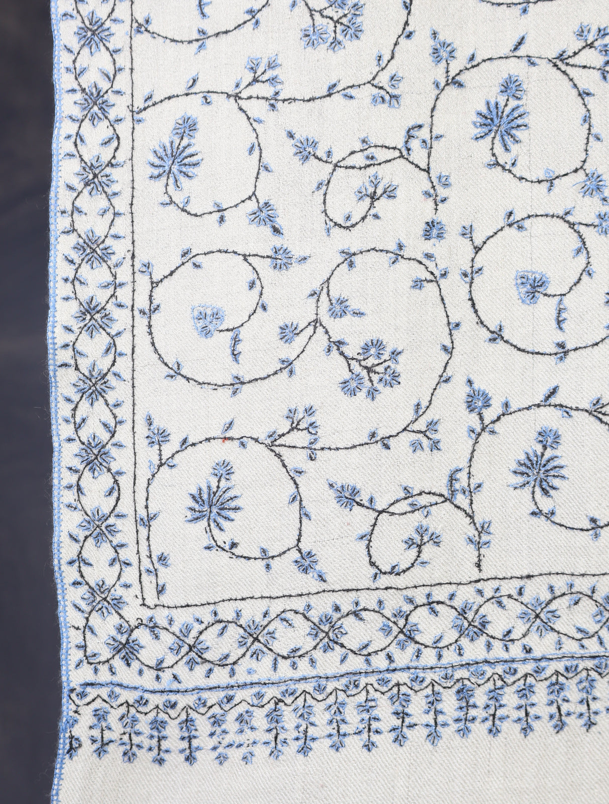 Ivory Base Blue Jali Embroidery Cashmere Pashmina Shawl