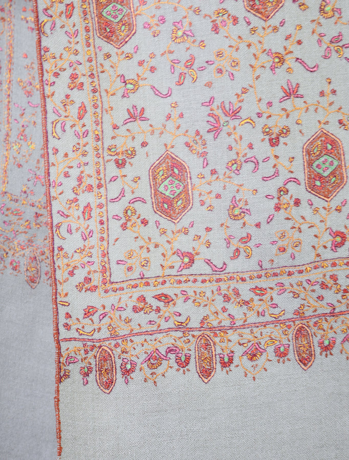 Beige Jali Embroidery Cashmere Pashmina Shawl