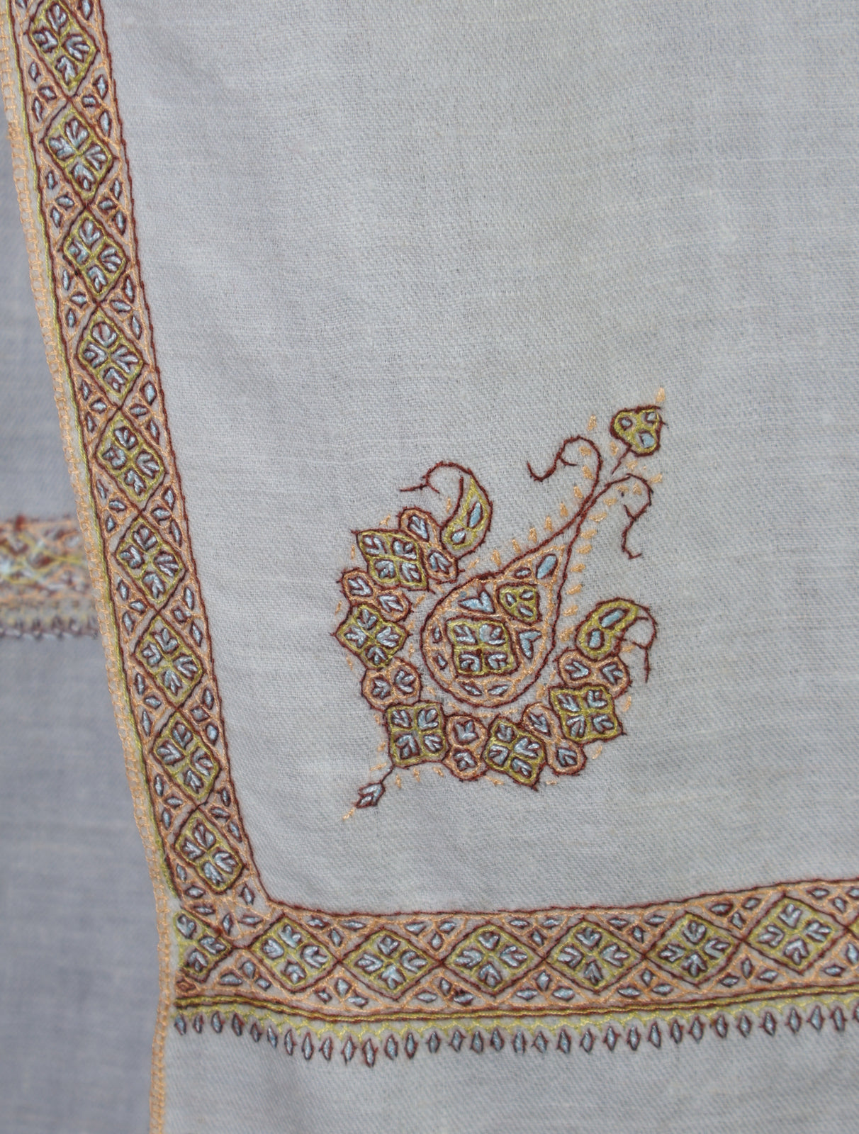 Ivory Base Yellow Border Embroidery Cashmere Pashmina Shawl