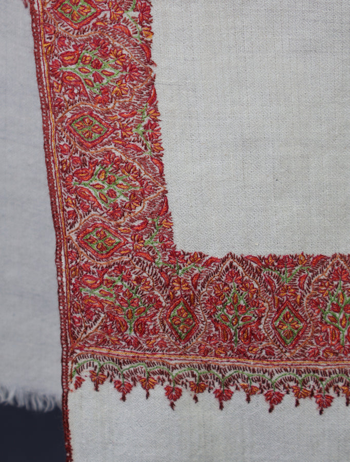 Ivory Base Big Border Embroidery Cashmere Pashmina Shawl
