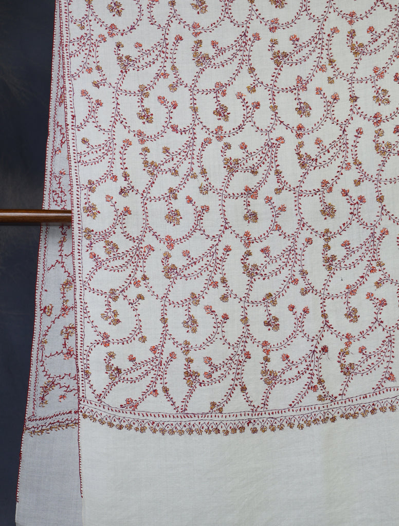 Ivory Base Jali Sozni Embroidery Merino Wool Scarf