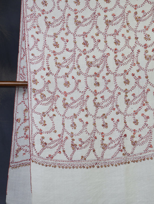 Ivory Base Jali Sozni Embroidery Merino Wool Scarf