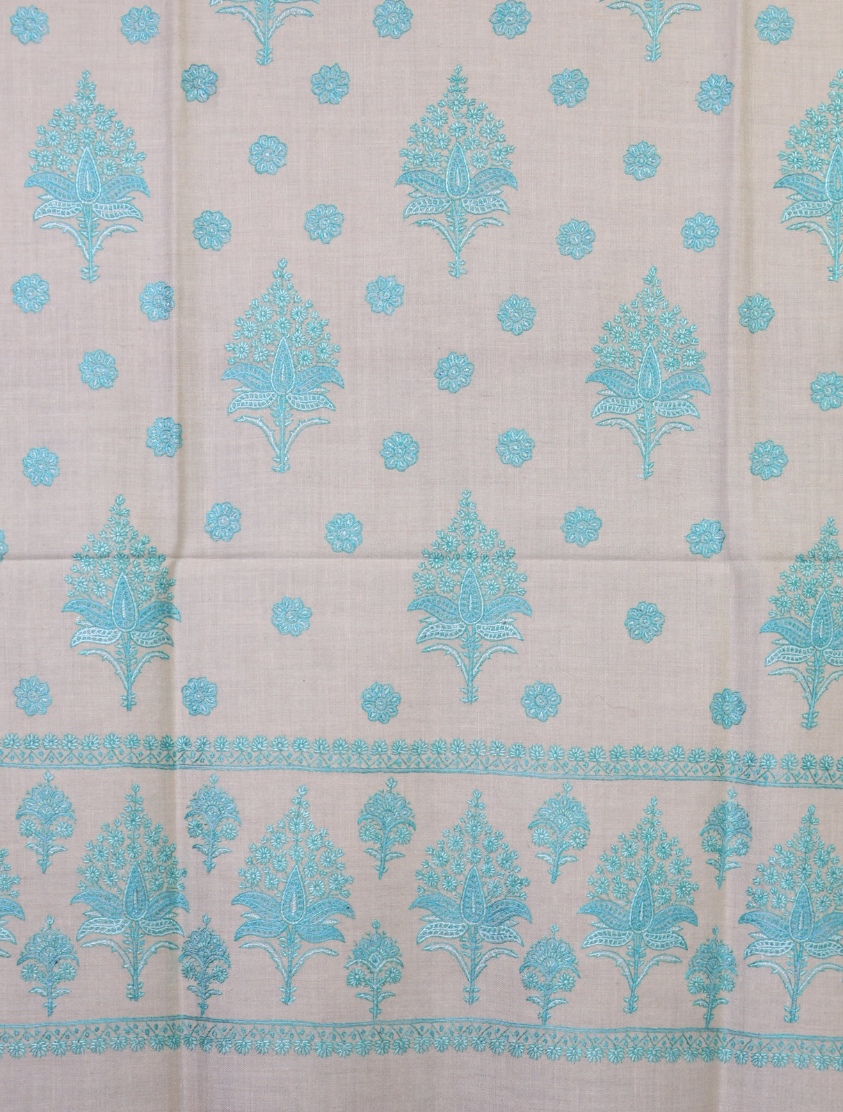 Ivory Base Green Boteh Embroidery Pashmina Shawl