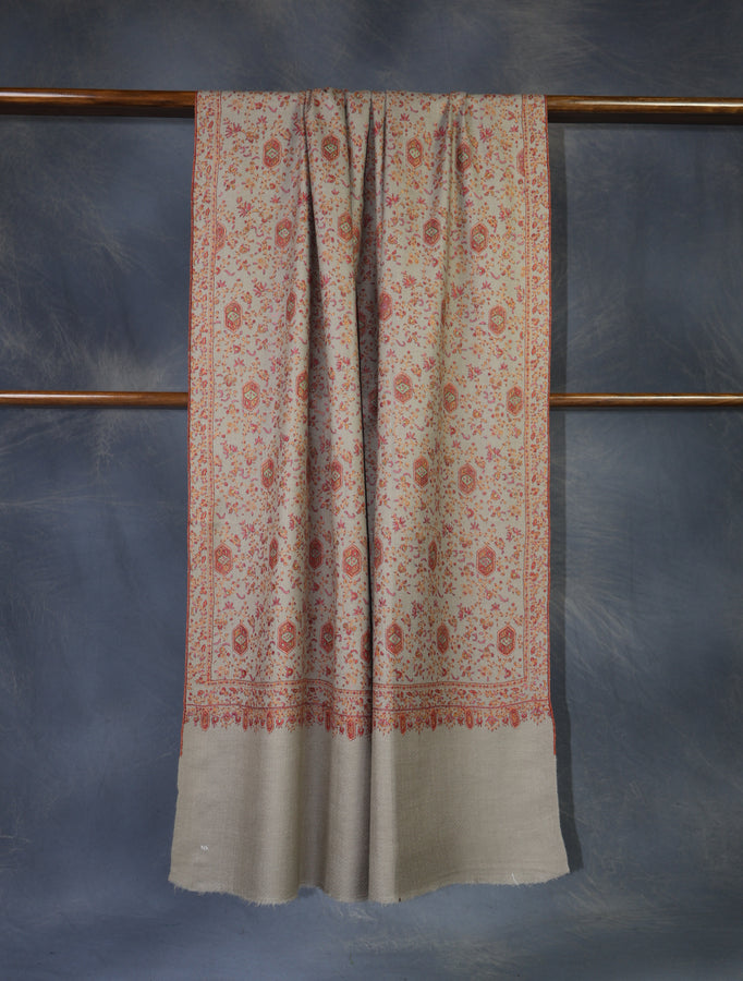 Beige Jali Embroidery Cashmere Pashmina Shawl