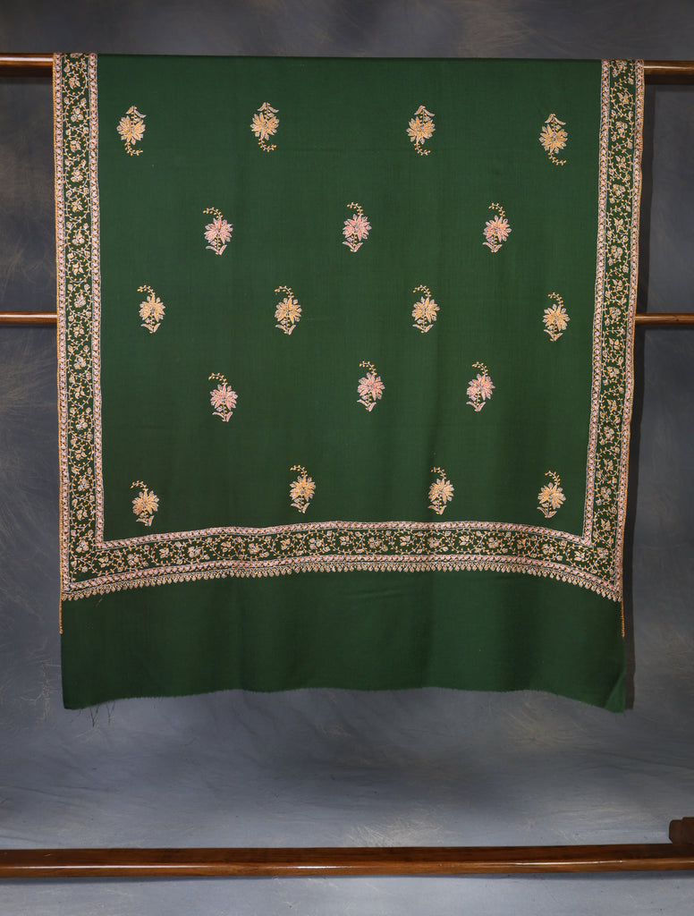 Green Base Buteh Motif Border Merino wool Embroidery Shawl