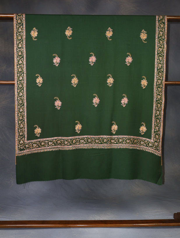 Green Base Buteh Motif Border Merino wool Embroidery Shawl