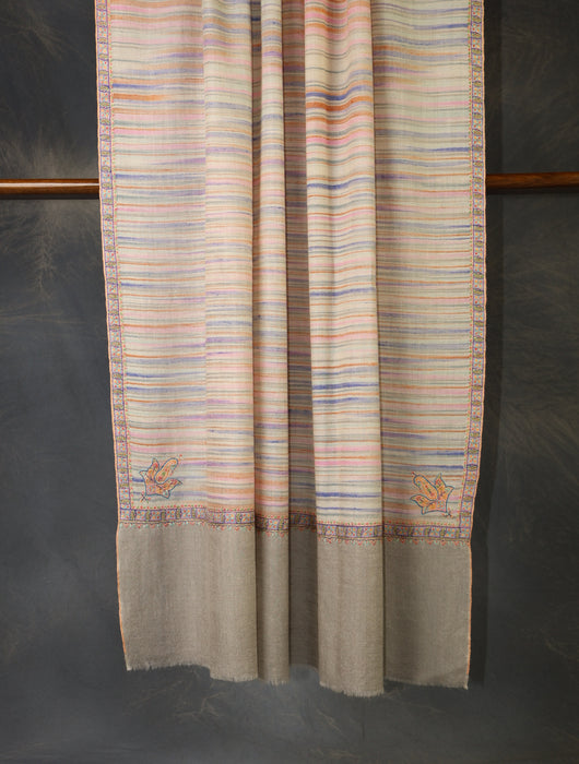 Ivory Multicolor Ikkat Small Border Embroidery Cashmere Pashmina Shawl