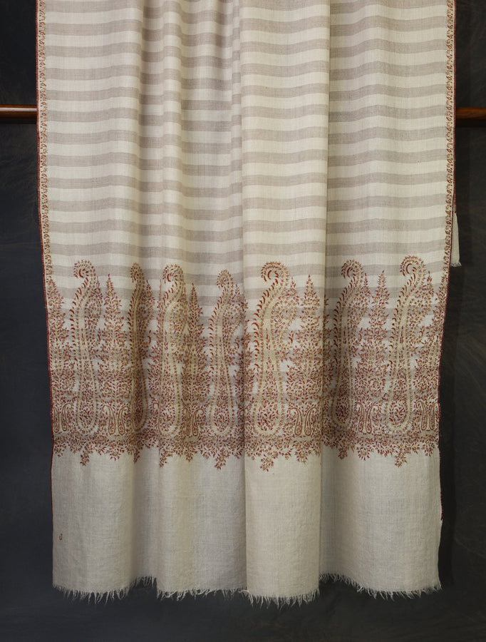 Ivory and Natural Stripe Border Embroidery Cashmere Pashmina Shawl