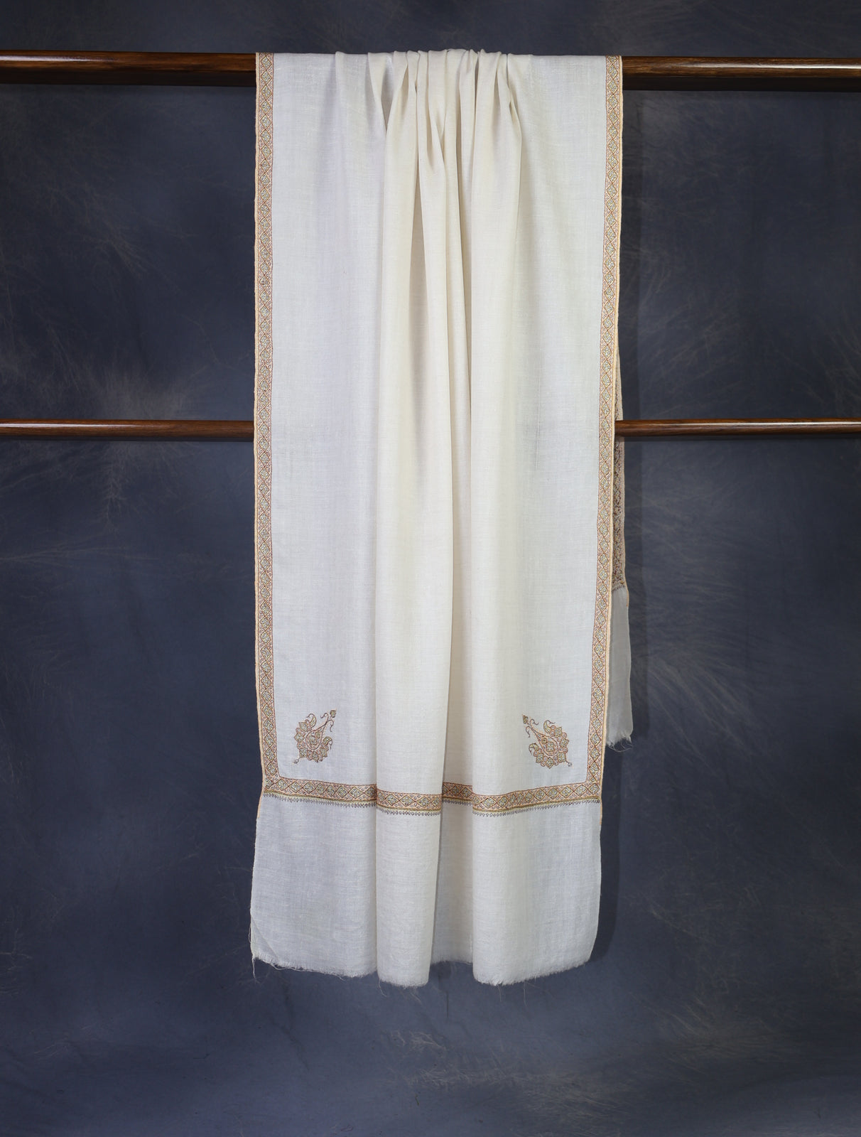 Ivory Base Yellow Border Embroidery Cashmere Pashmina Shawl