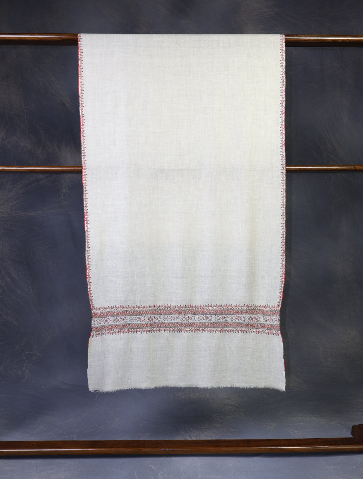 Ivory With Striped And Motif Border Embroidery Cashmere Pashmina Scarf