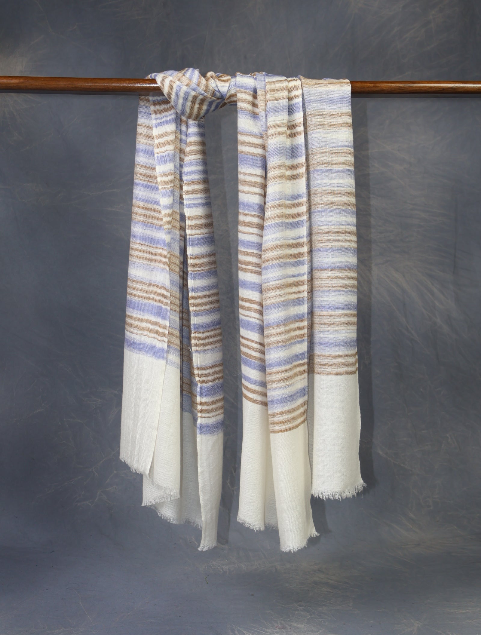 Ivory Base Brown Striped Handwoven Cashmere Pashmina Scarf