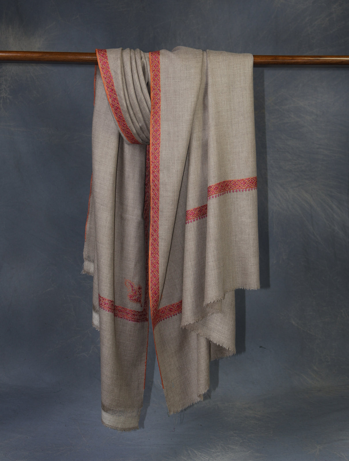 Natural Base Maroon Border Embroidery Cashmere Pashmina Shawl
