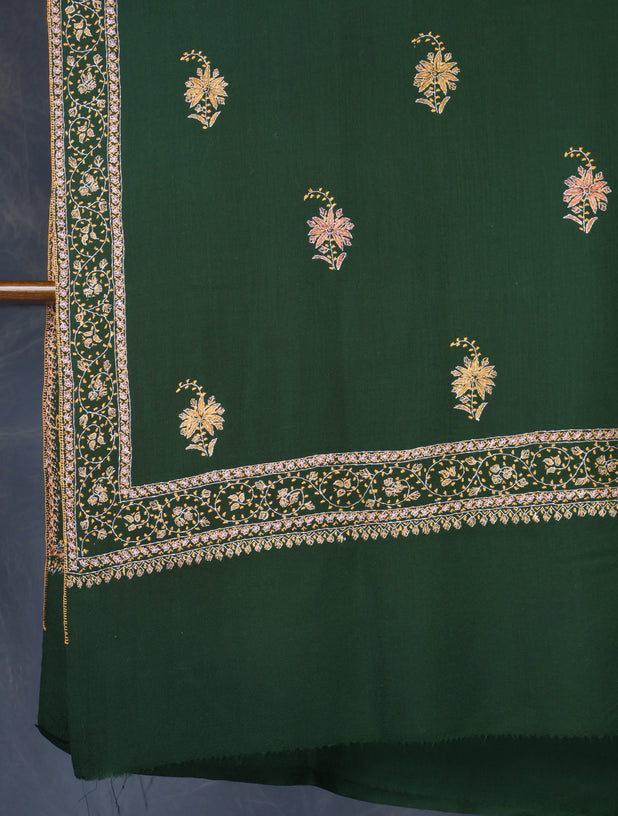 Green Base Buteh Motif Border Merino wool Embroidery Shawl