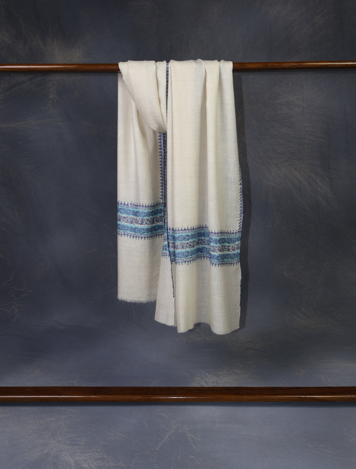 Ivory With Blue Striped And Motif Border Embroidery Cashmere Pashmina Scarf