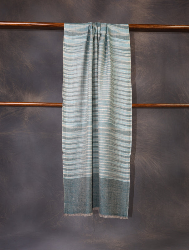 Ivory Base Sea Green Striped Handwoven Cashmere Pashmina Scarf