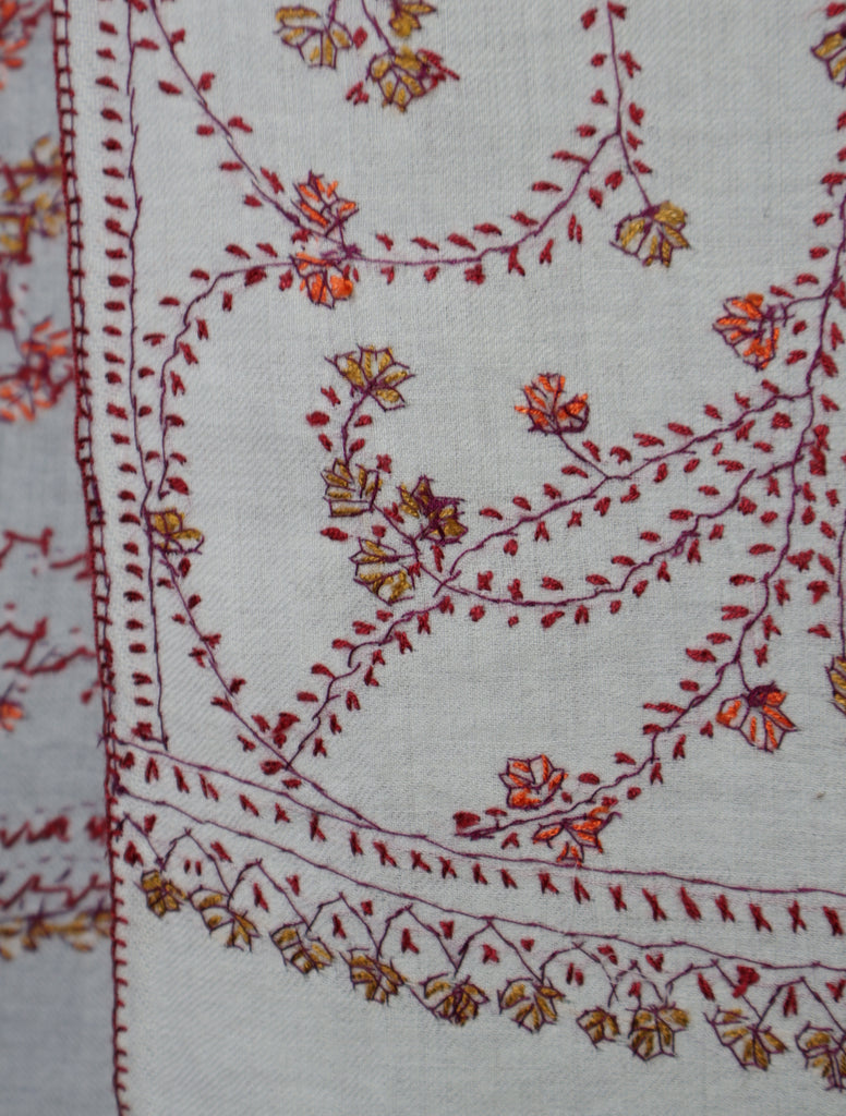 Ivory Base Jali Sozni Embroidery Merino Wool Scarf