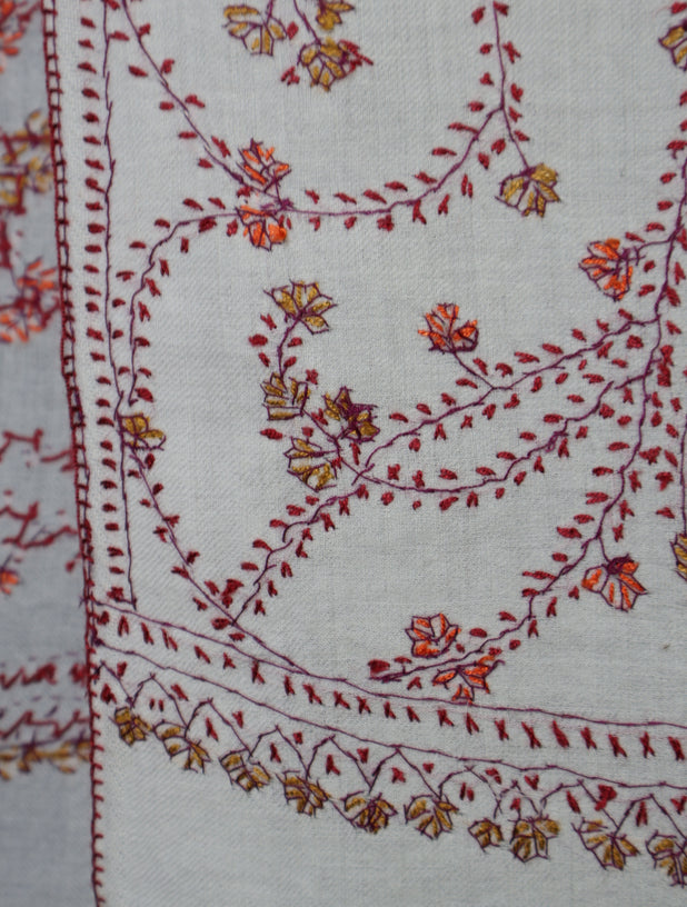 Ivory Base Jali Sozni Embroidery Merino Wool Scarf