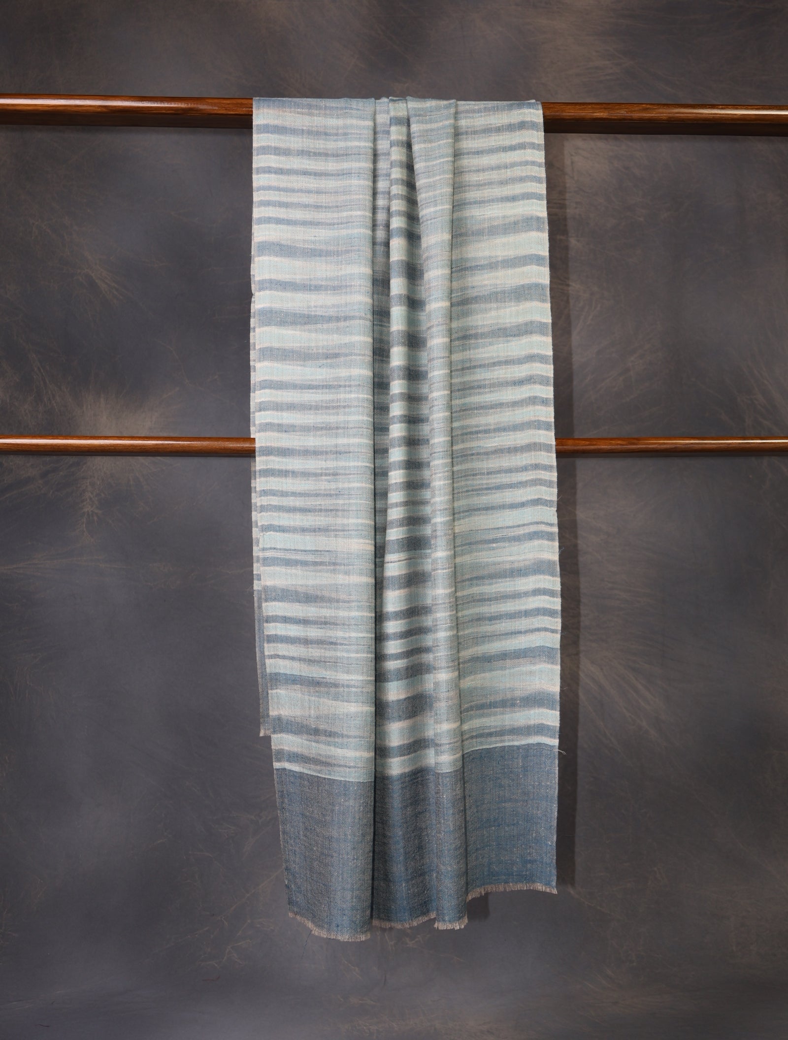 Ivory Base Sea Blue Striped Handwoven Cashmere Pashmina Scarf