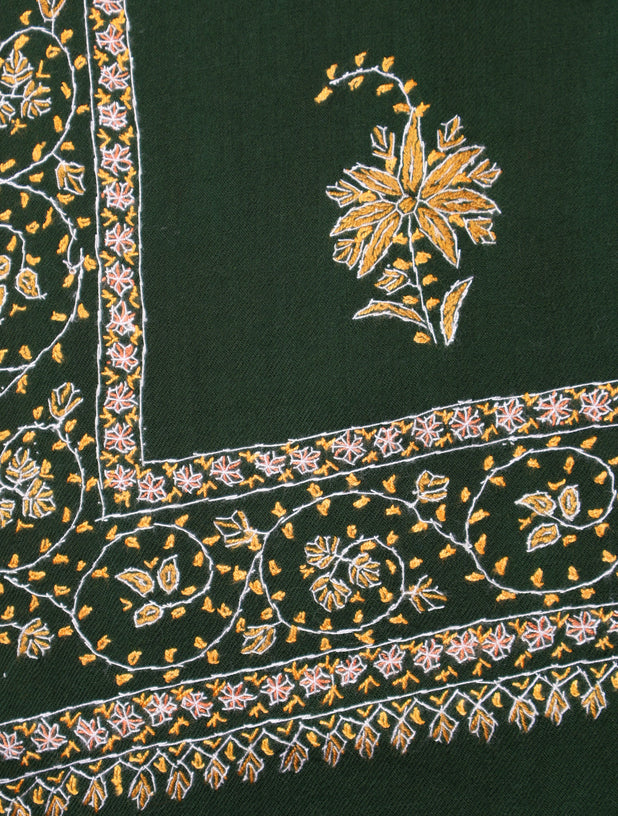 Green Base Buteh Motif Border Merino wool Embroidery Shawl