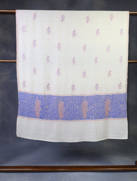Ivory and Blue Border Embroidery Cashmere Pashmina Shawl