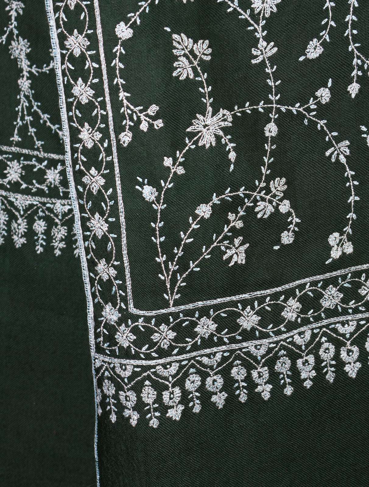 Bottle Green Base with whiteJali Embroidery Cashmere Pashmina Shawl