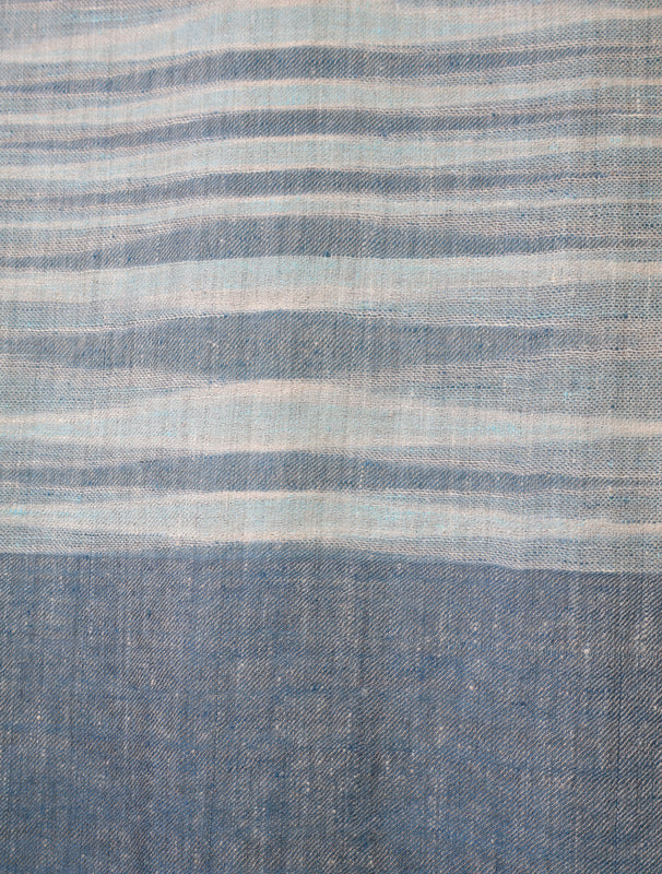 Ivory Base Sea Blue Striped Handwoven Cashmere Pashmina Scarf