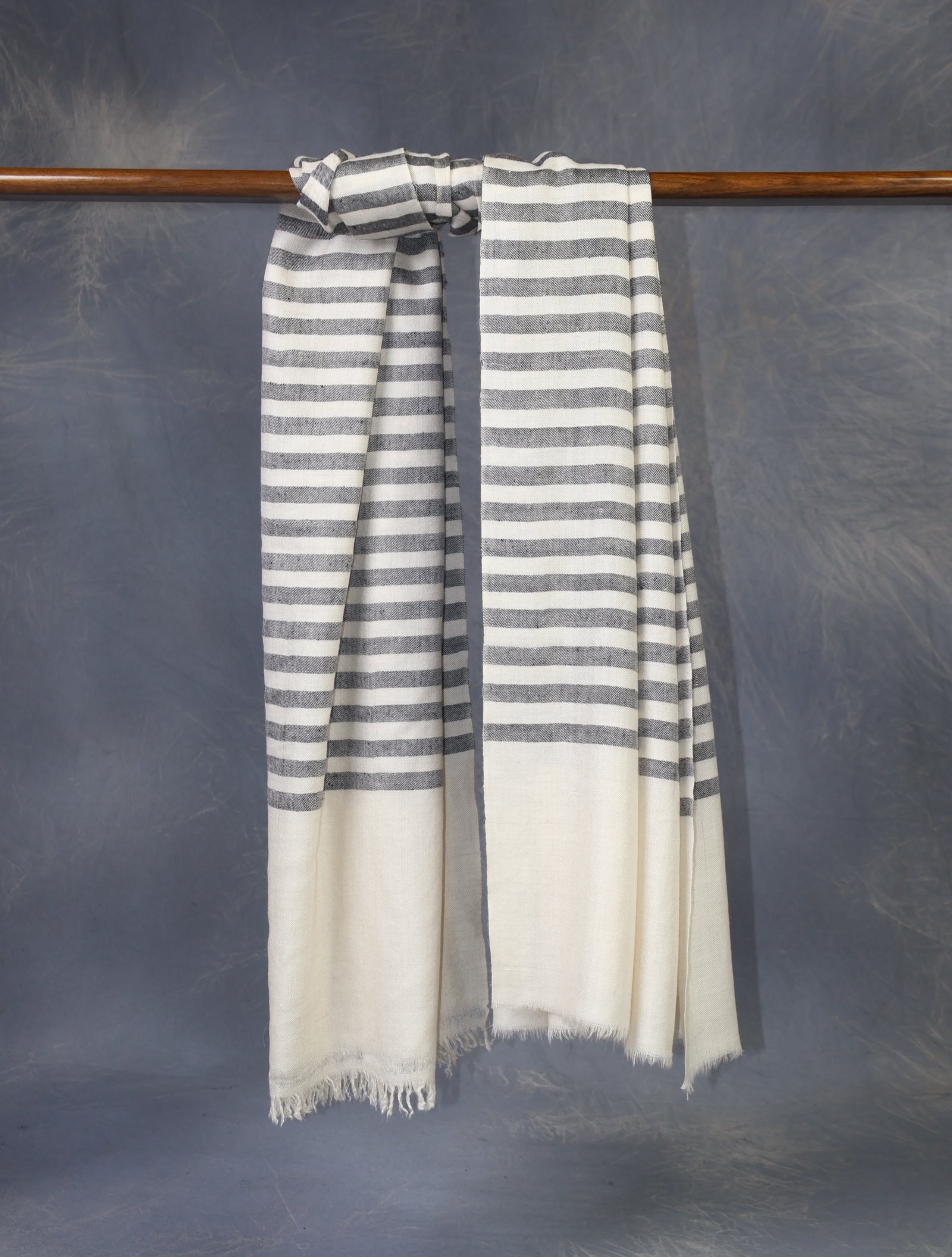 Ivory and Black Striped Handwoven Cashmere Pashmina Shawl