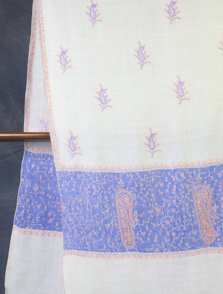 Ivory and Blue Border Embroidery Cashmere Pashmina Shawl