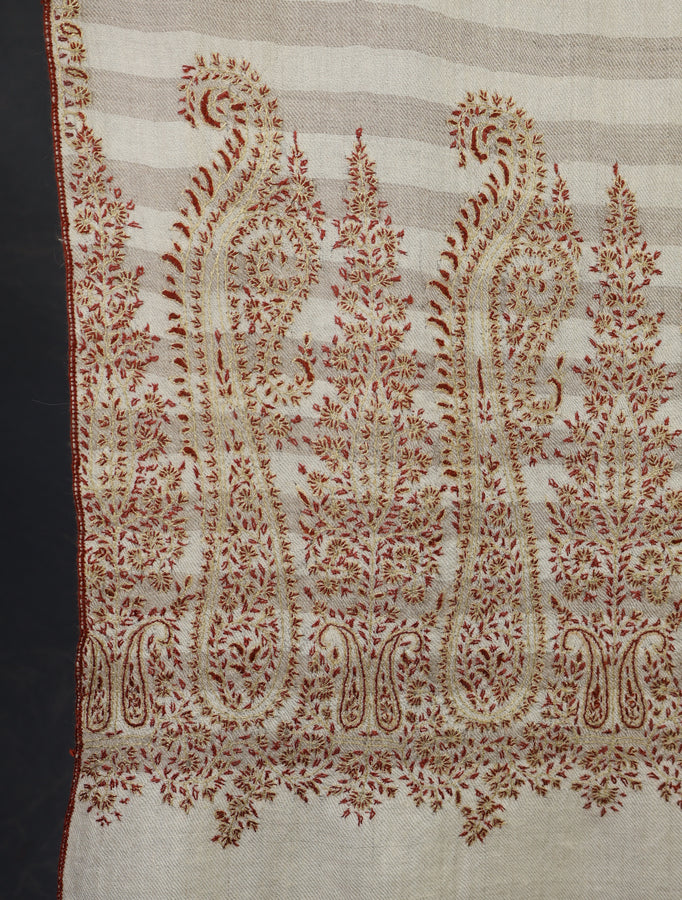 Ivory and Natural Stripe Border Embroidery Cashmere Pashmina Shawl
