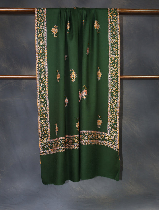 Green Base Buteh Motif Border Merino wool Embroidery Shawl