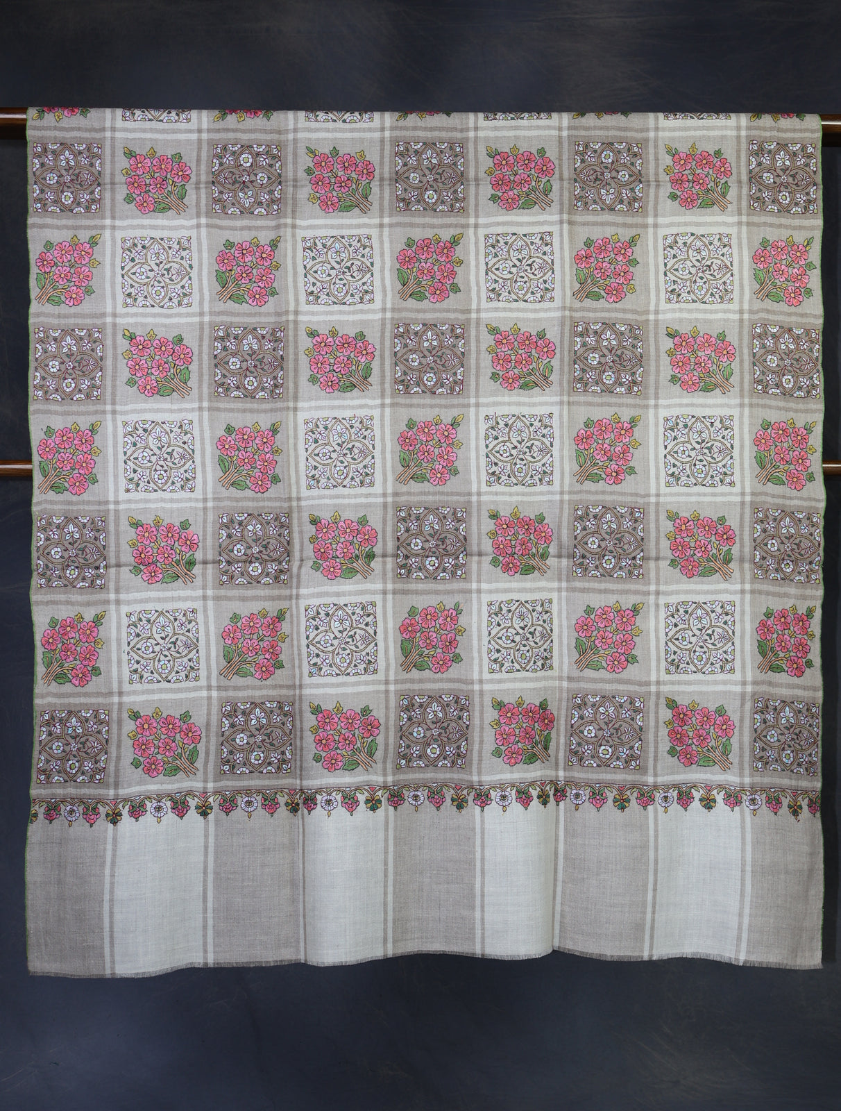 Ivory and Brown Check Base Boteh Embroidery Pashmina Shawl