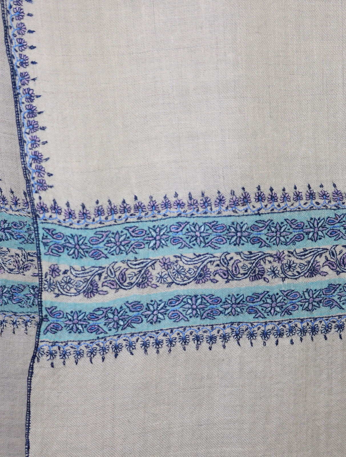 Ivory With Blue Striped And Motif Border Embroidery Cashmere Pashmina Scarf