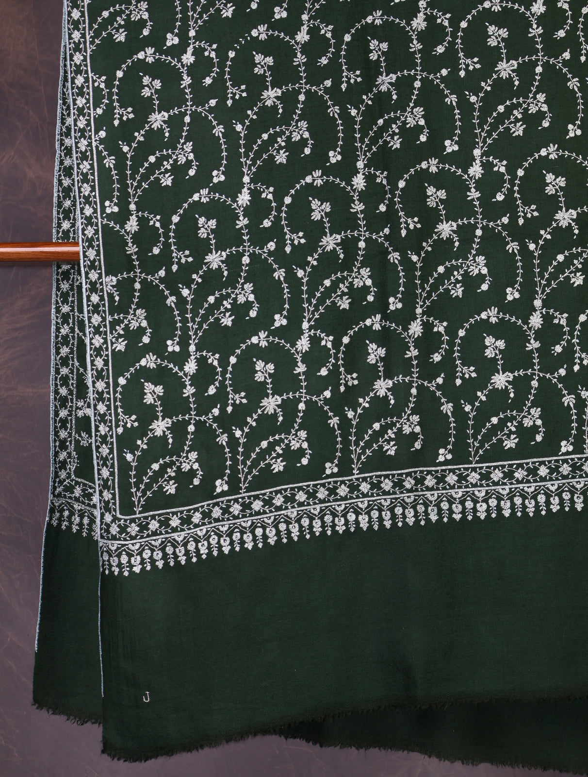 Bottle Green Base with whiteJali Embroidery Cashmere Pashmina Shawl