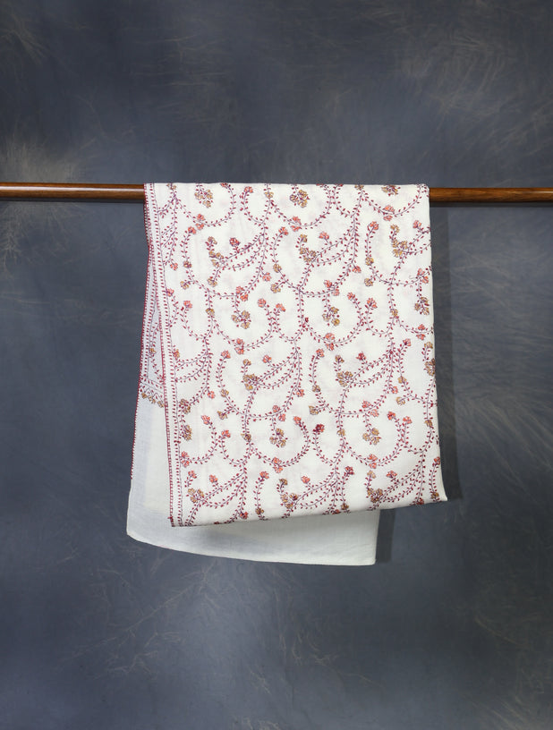 Ivory Base Jali Sozni Embroidery Merino Wool Scarf